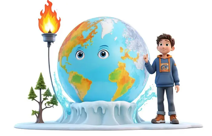 Global Warming Concept Melting Planet and Boy 3d Character Illustration